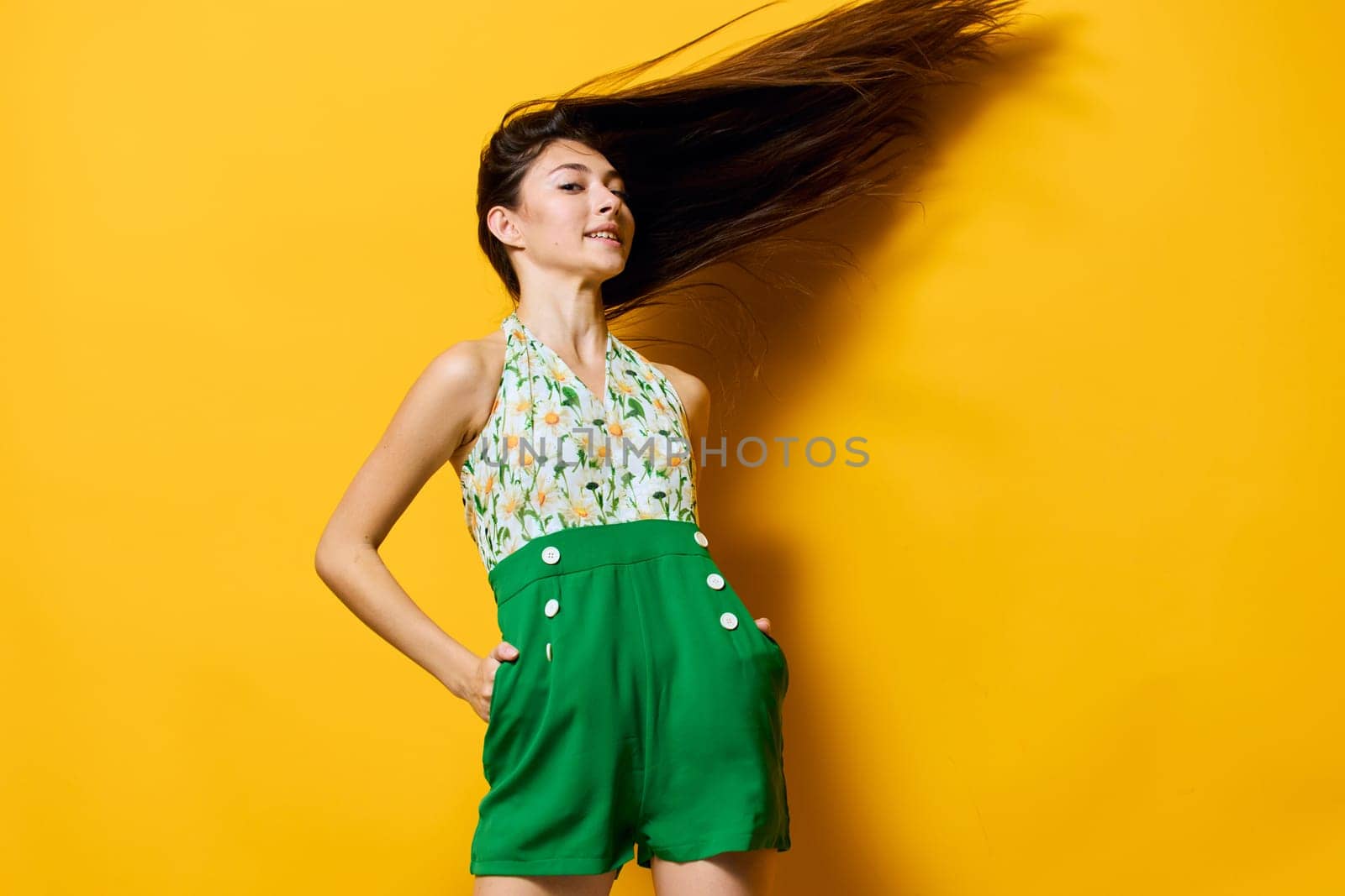 funny woman face trend fashion trendy fun positive style beautiful brunette happy smile young isolated emotion stylish happiness yellow summer female