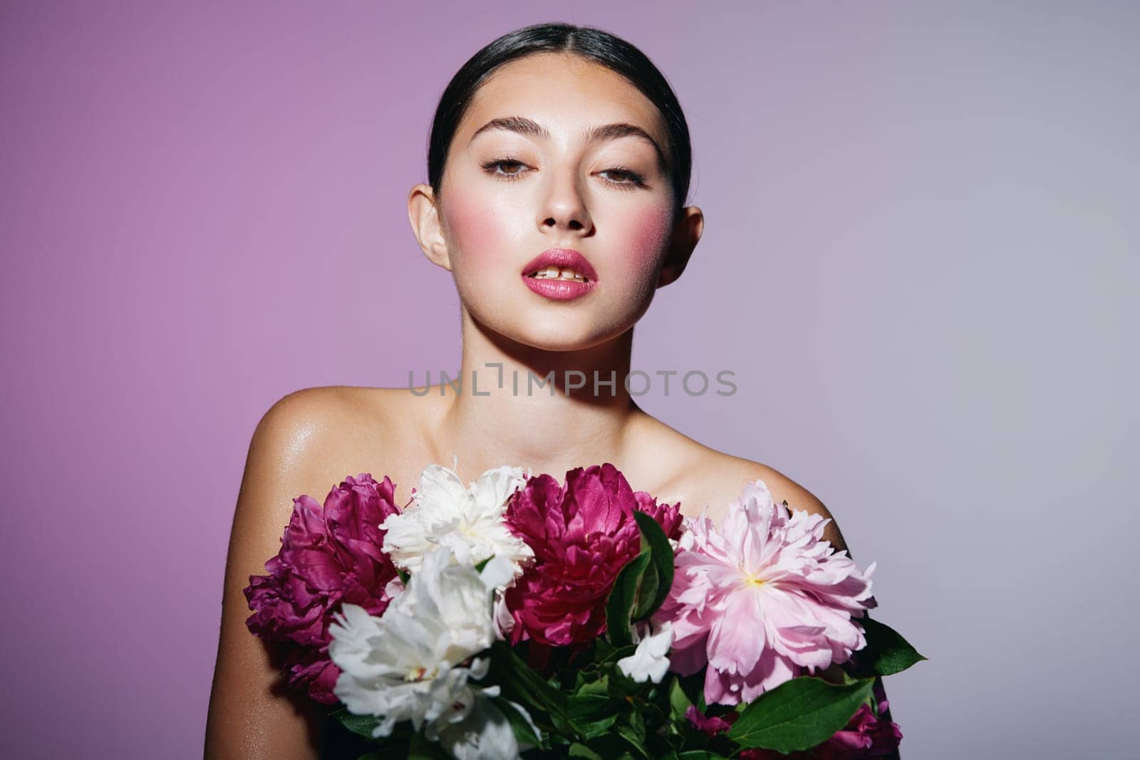 head woman make-up flower portrait face blush pink beauty model girl by SHOTPRIME