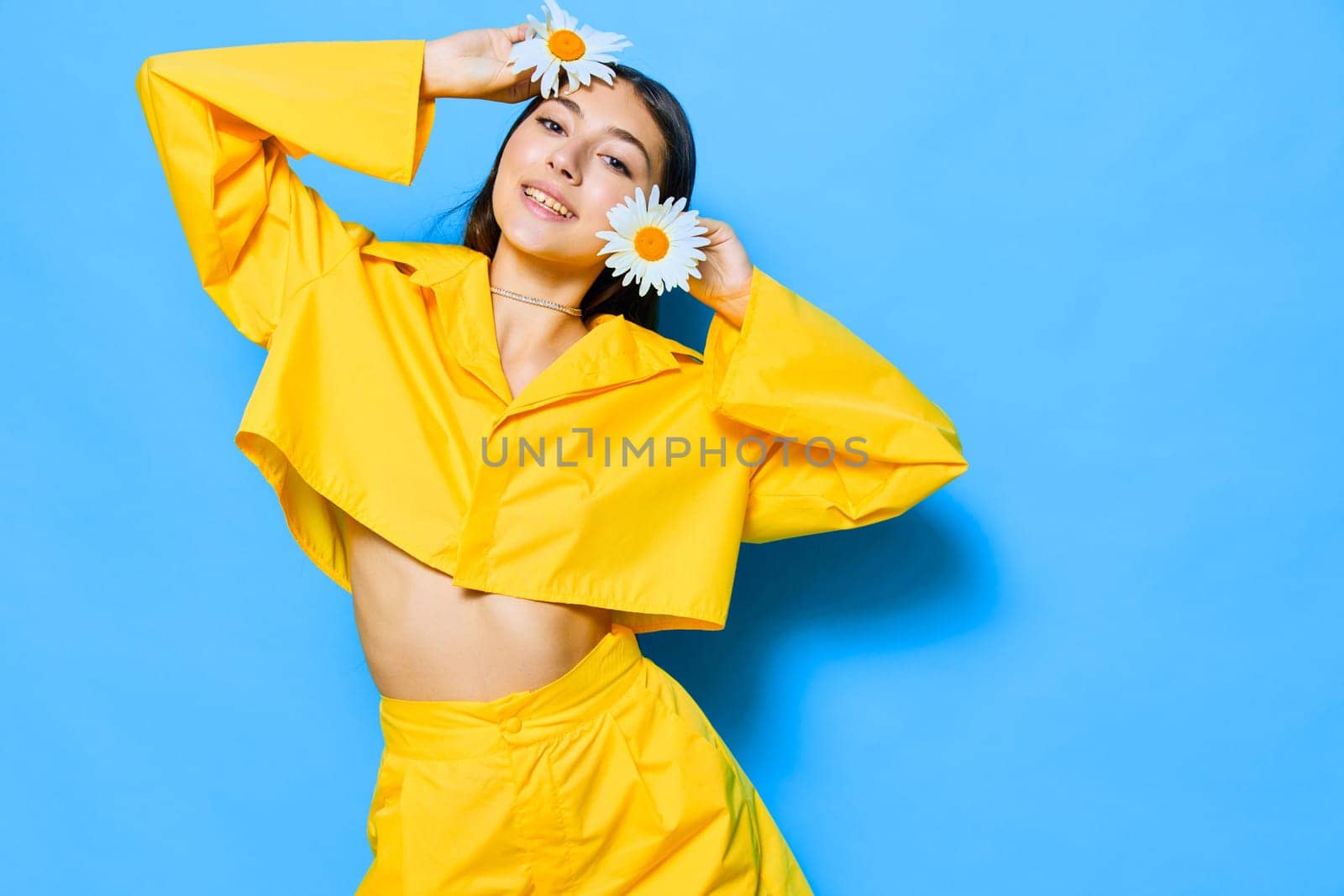smile woman young yellow model happiness portrait flower emotion chamomile blue by SHOTPRIME