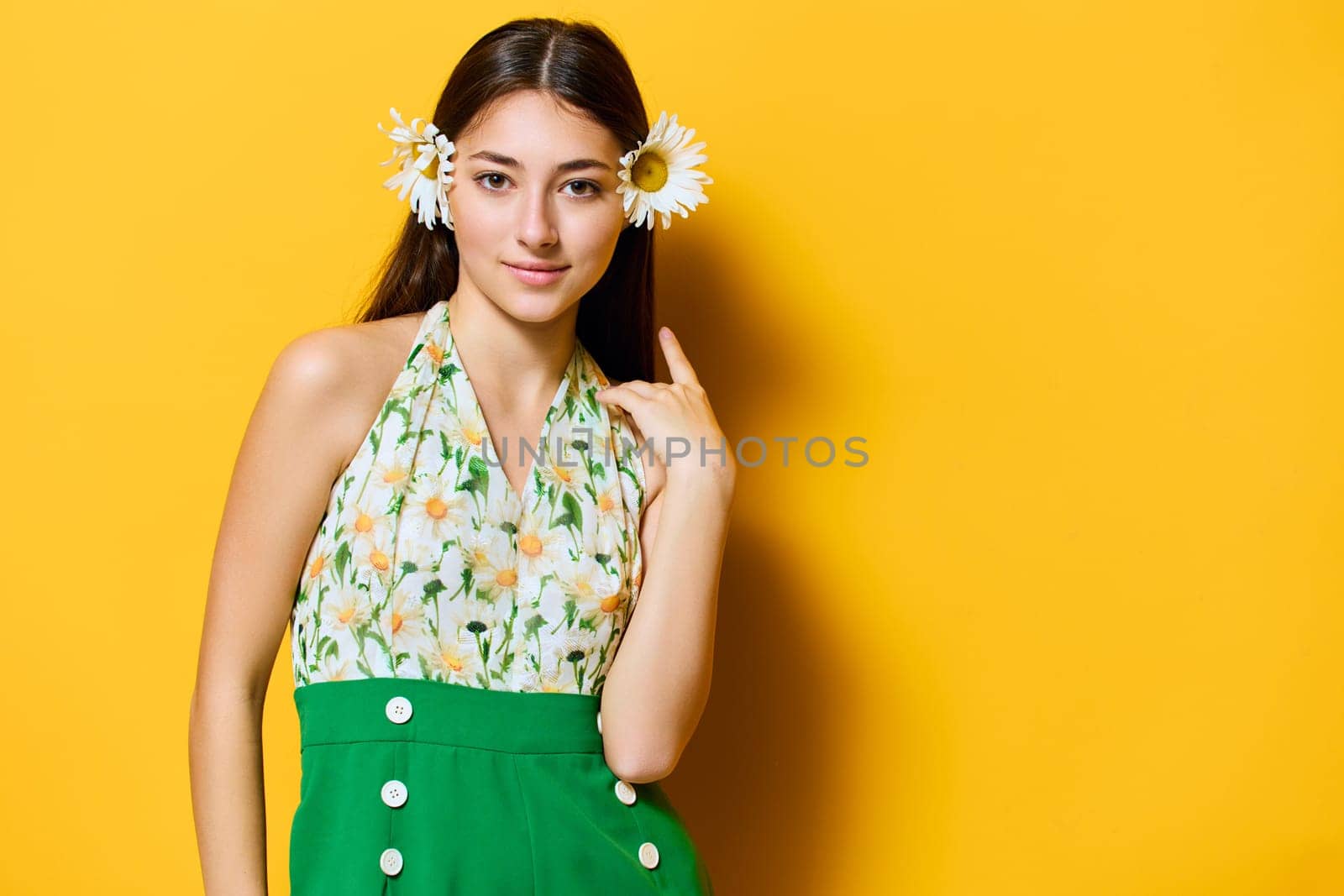 woman slim beautiful style fashion camomile young stylish yellow happy flower by SHOTPRIME
