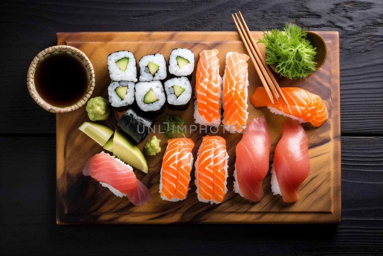 japanese meal japan sushi fish set roll rice food seafood. Generative AI. by SHOTPRIME