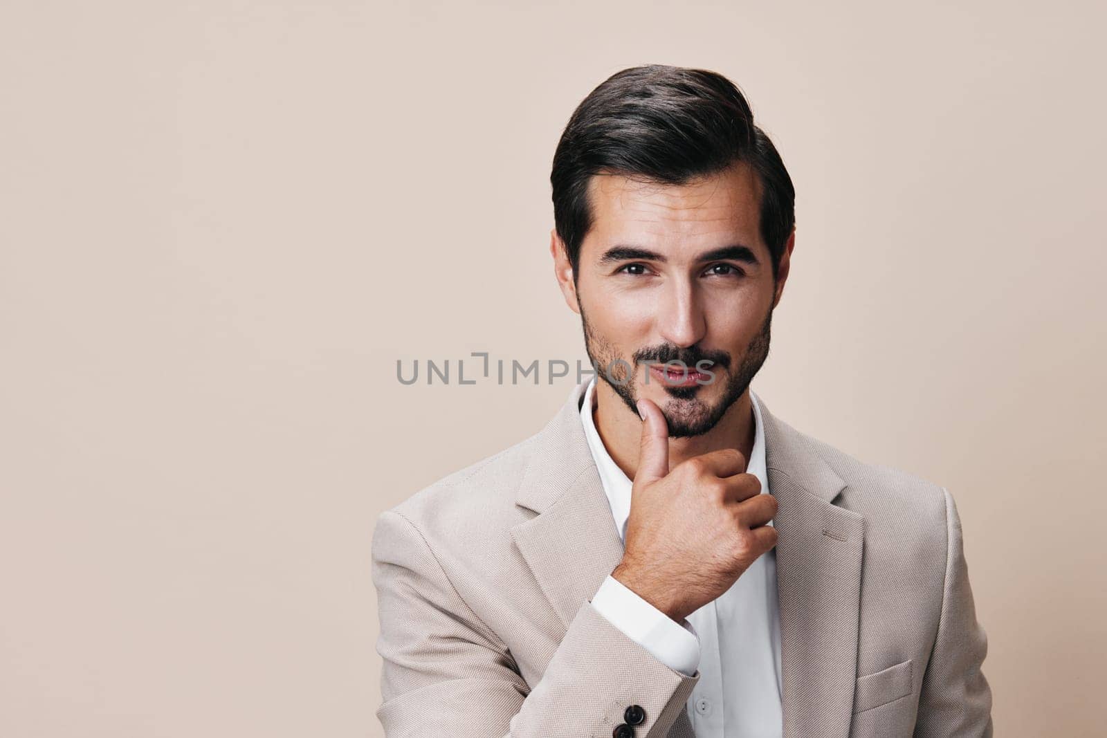 smiling man copyspace businessman suit happy beige tie handsome portrait business by SHOTPRIME