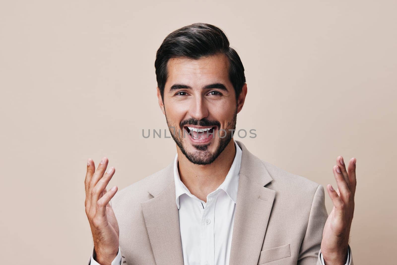 business man happy handsome suit portrait background businessman beige success smiling copyspace by SHOTPRIME