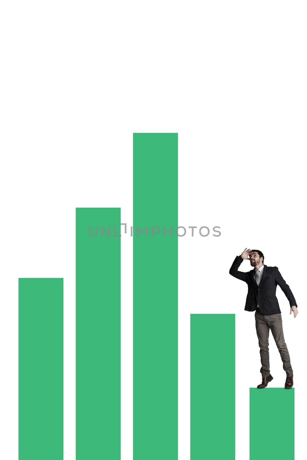 An informed investment is a safer investment. a businessman looking up at a fluctuating financial graph against a white background