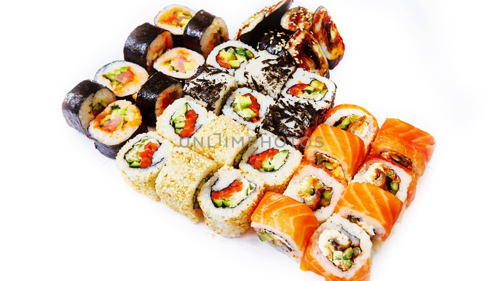 Set of sushi roll with salmon, avocado, cream cheese, cucumber, rice, tuna on white background by sarymsakov
