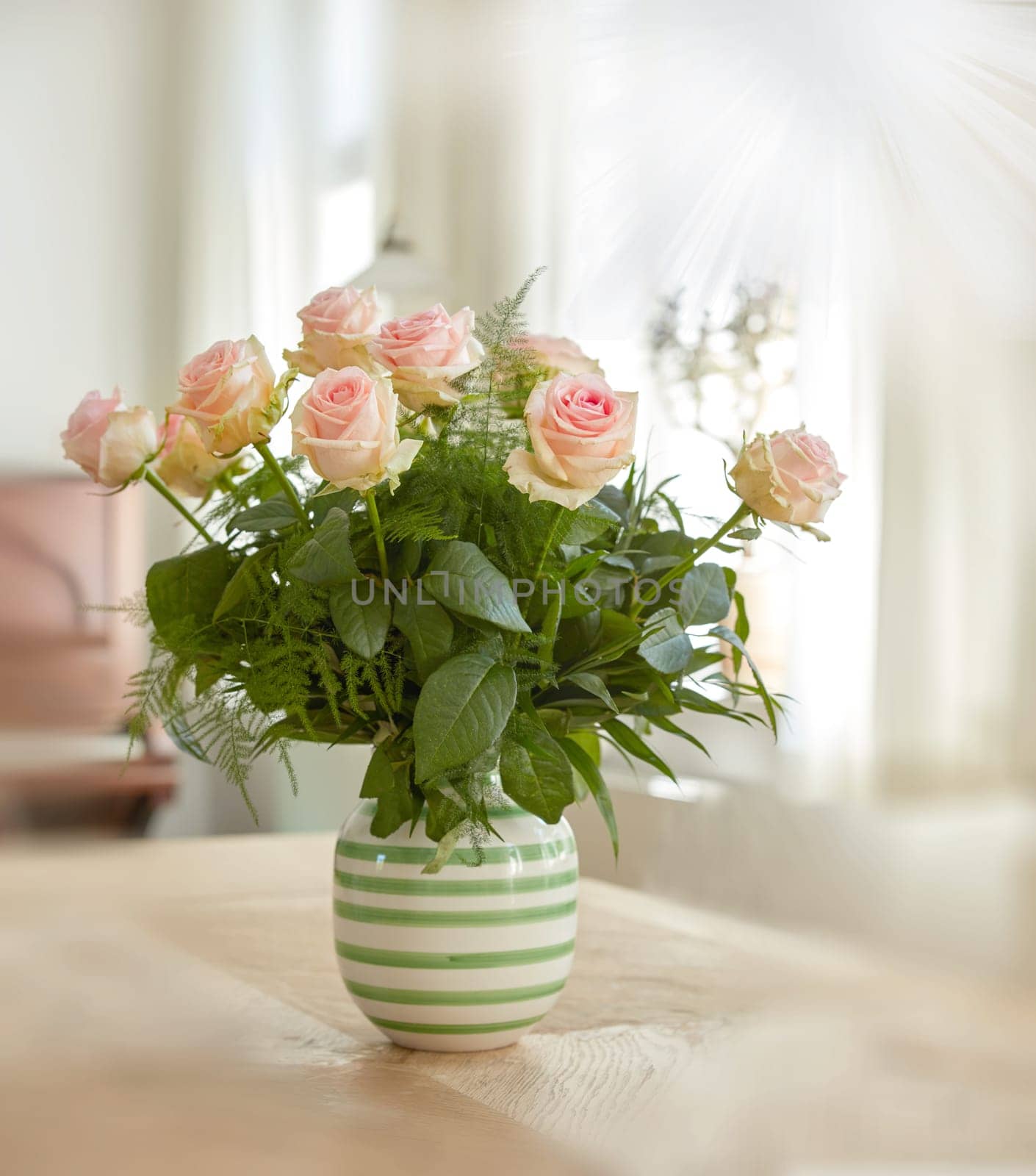 Closeup of bouquet of pink roses in a vase, nature and flowers on living room table, gift for romance or friendship. Plant, botanical and symbol of love, natural and floral arrangement at home by YuriArcurs