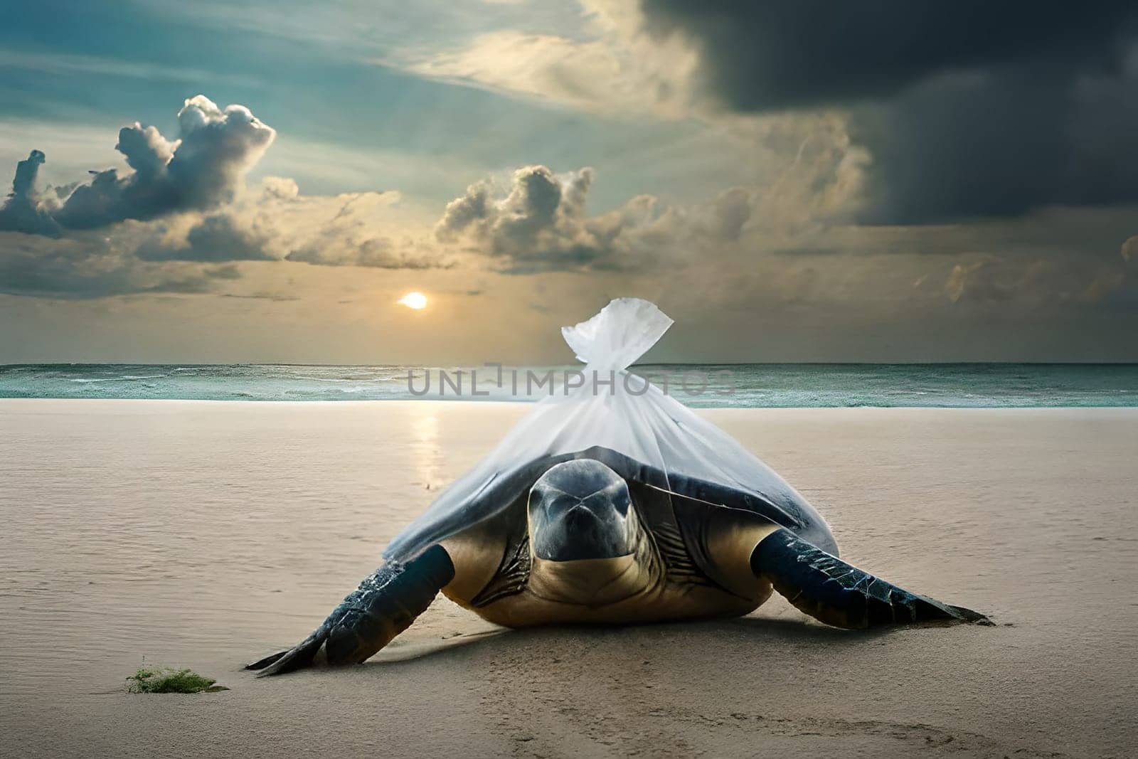 A turtle in a plastic bag. Let's save the ocean. Plastic pollution in ocean , plastic bags in the depths of the ocean . High quality photo