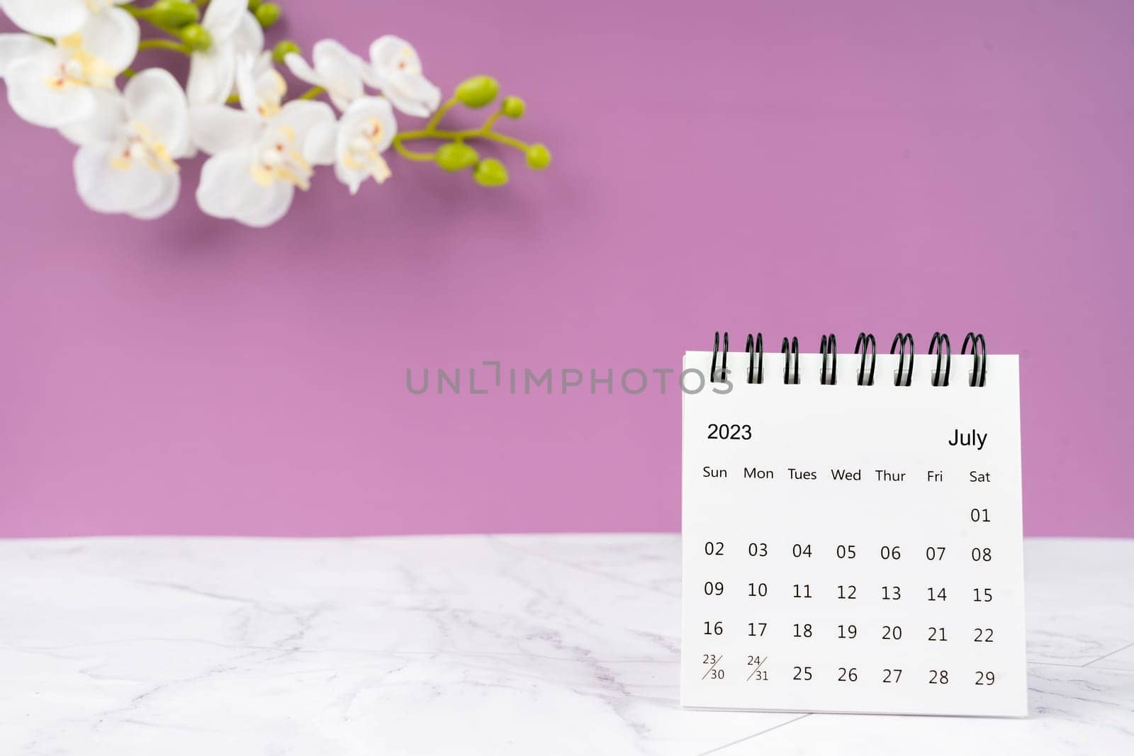 July 2023 desk calendar and white orchid flower on wooden background.