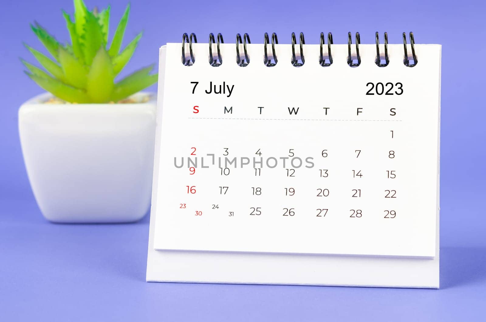 The July 2023 Monthly desk calendar for 2023 year on purple background. by Gamjai