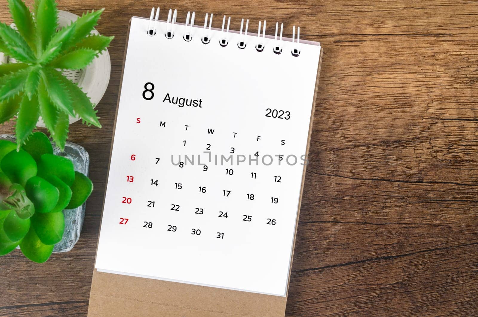 The August 2023 desk calendar for 2023 on wooden background. by Gamjai