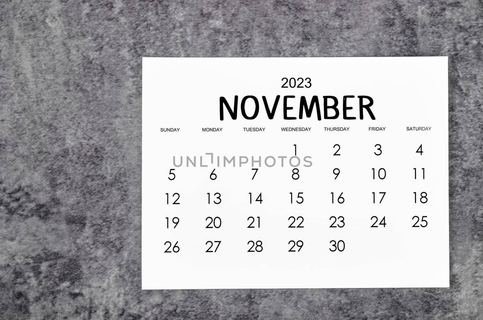 November 2023 Monthly calendar for 2023 year on grunge background.