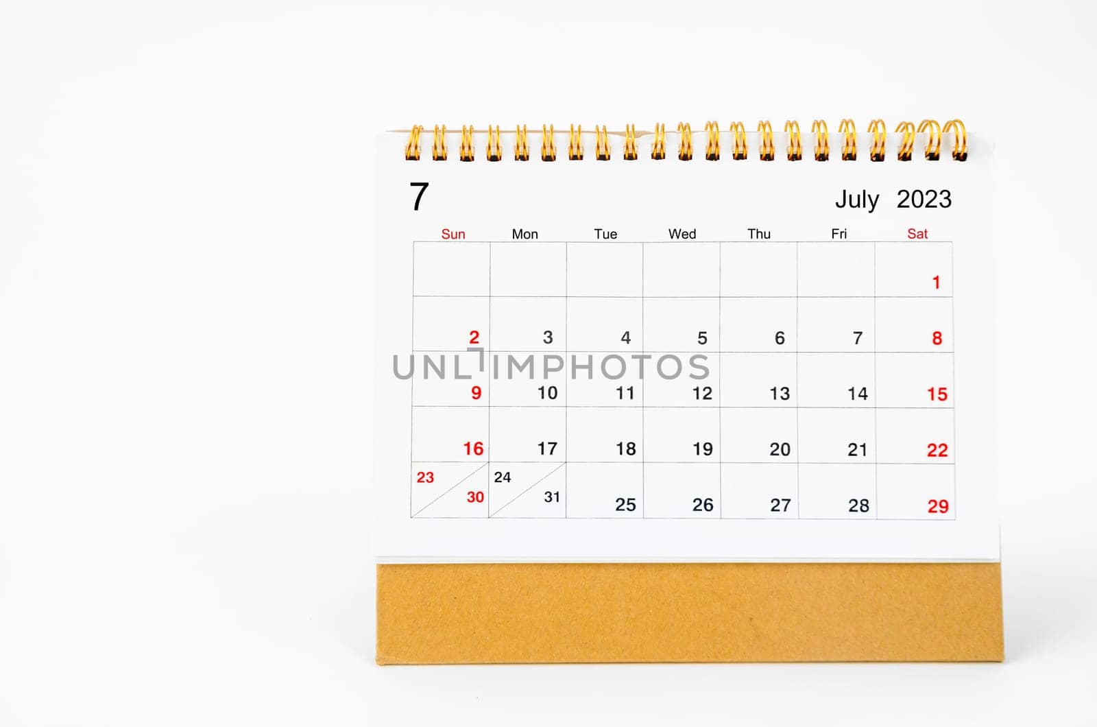 July 2023 Monthly desk calendar for 2023 year isolated on white background.