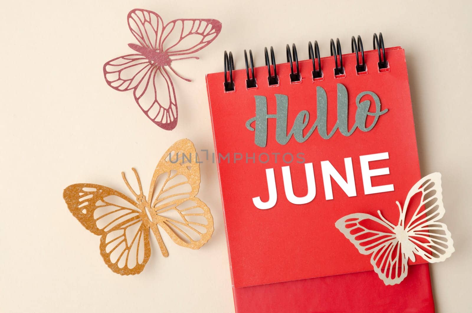 Hello JUNE calendar and butterfly made from paper cutting on yellow background. by Gamjai