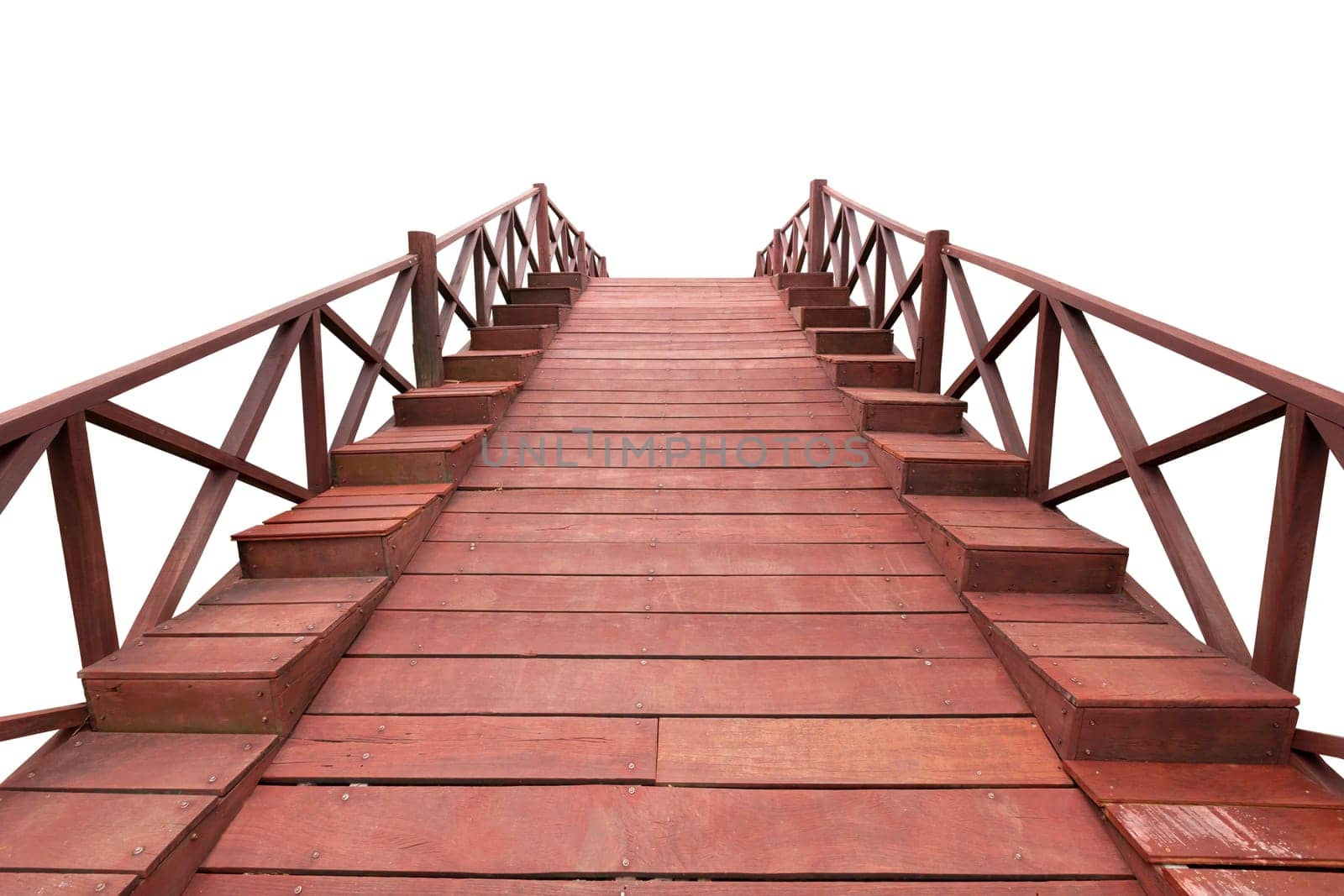 The Old red wooden bridge isolated on white background have clipping path. by Gamjai