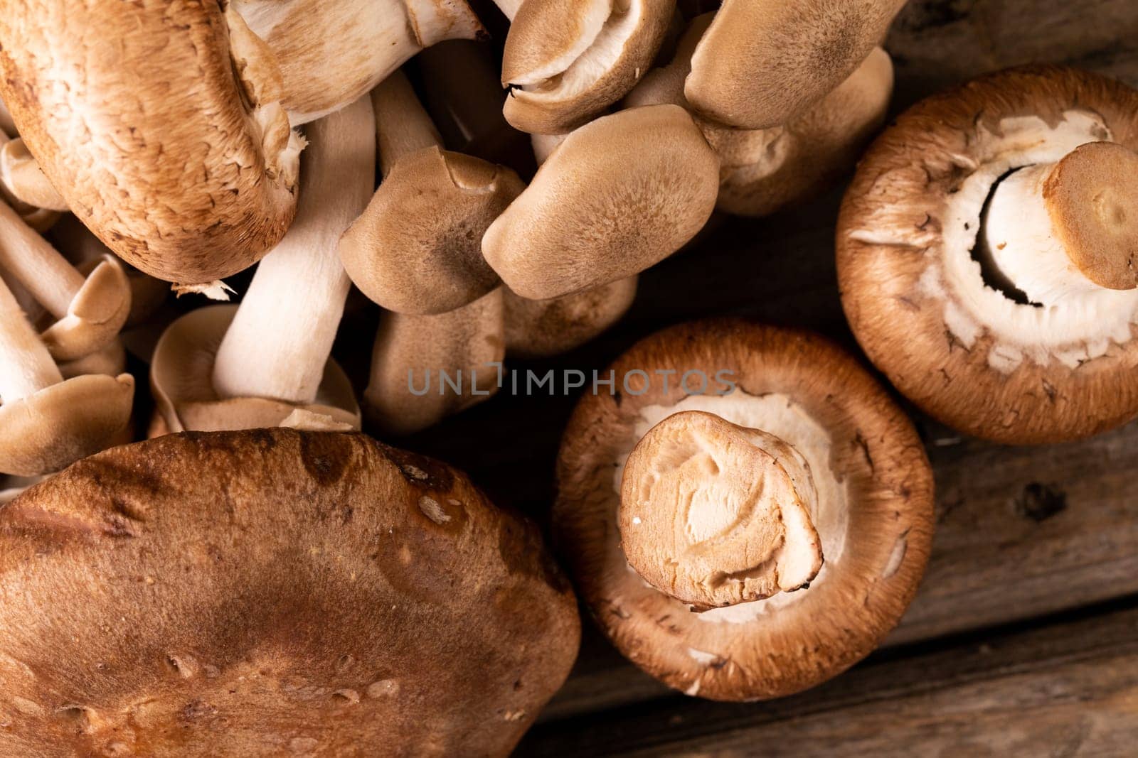 Close-up of fresh brown mushrooms on table. unaltered, fungus, healthy food, raw food and organic concept.
