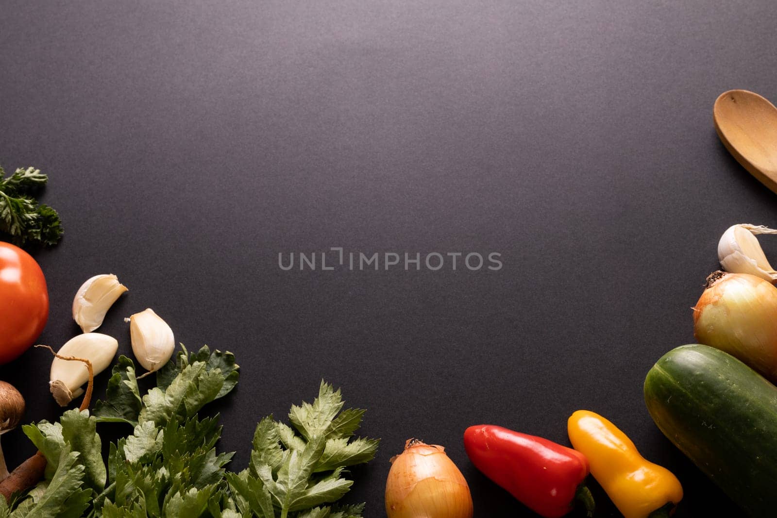 Directly above shot of various food on black background with copy space. unaltered, food, studio shot, healthy eating, organic.