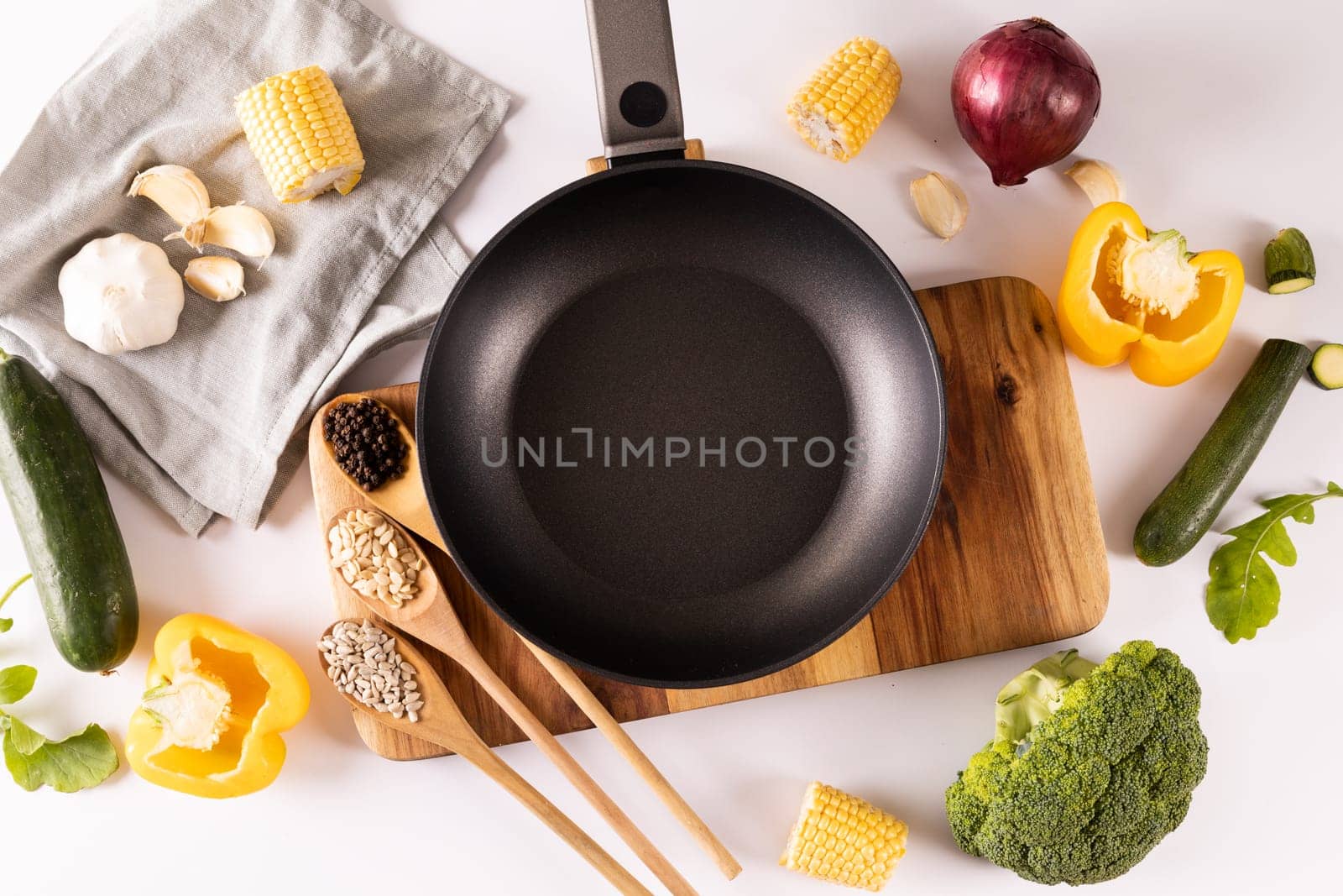 Directly above shot of cooking pan with various ingredients on table, copy space. unaltered, food, preparation, healthy eating.