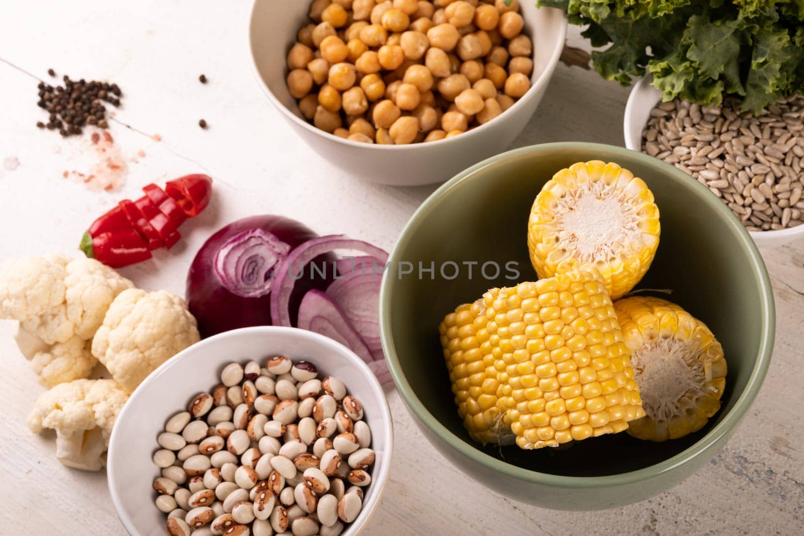 High angle view of food and ingredients arranged on table, copy space. unaltered, food, preparation, healthy eating.