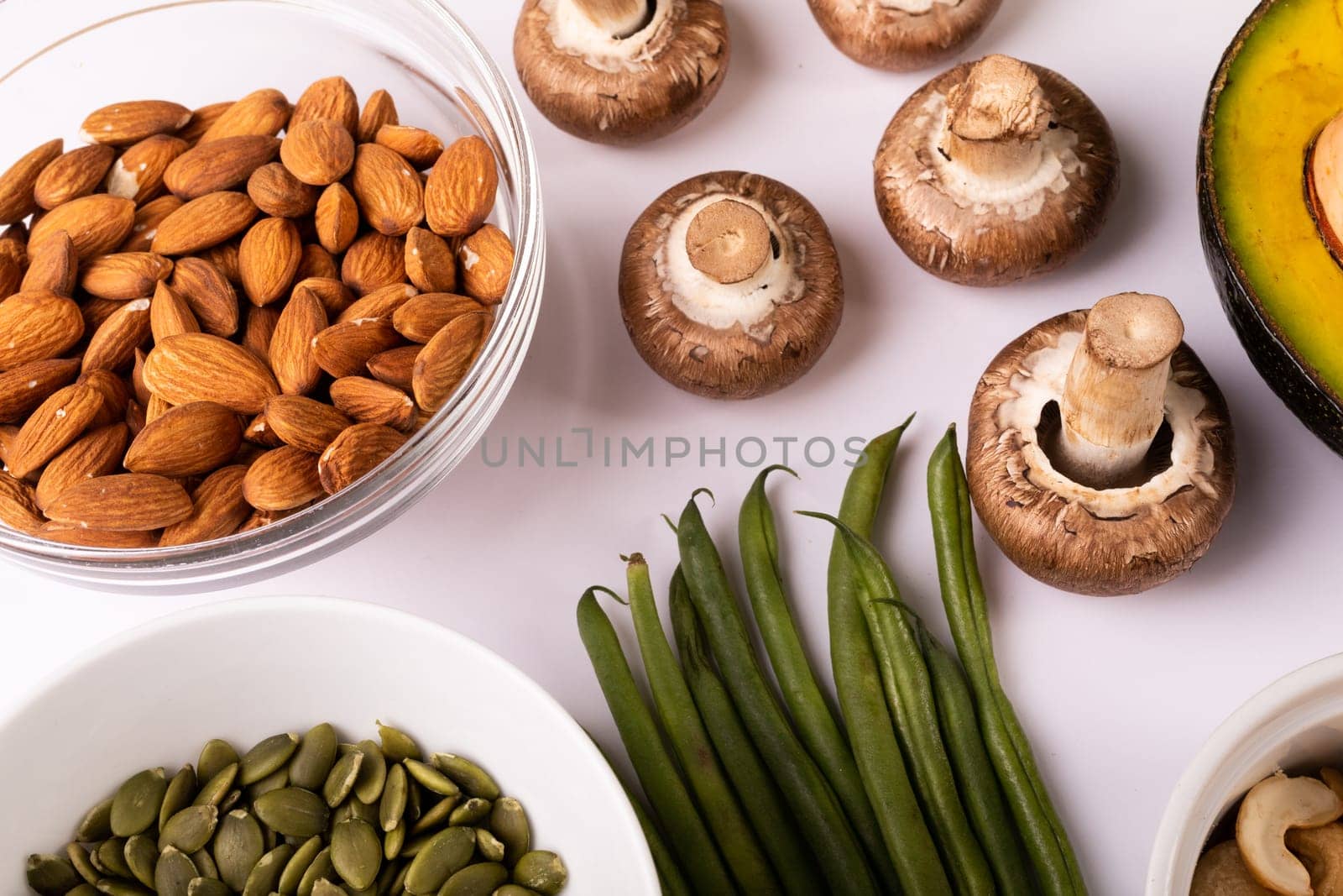 High angle view of various healthy food and ingredients arranged on table, copy space. unaltered, food, preparation, healthy eating.