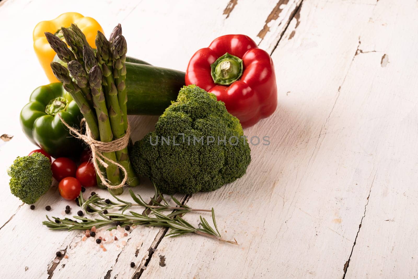 High angle view of fresh organic vegetables on white wooden table. unaltered, food, healthy eating, organic concept.