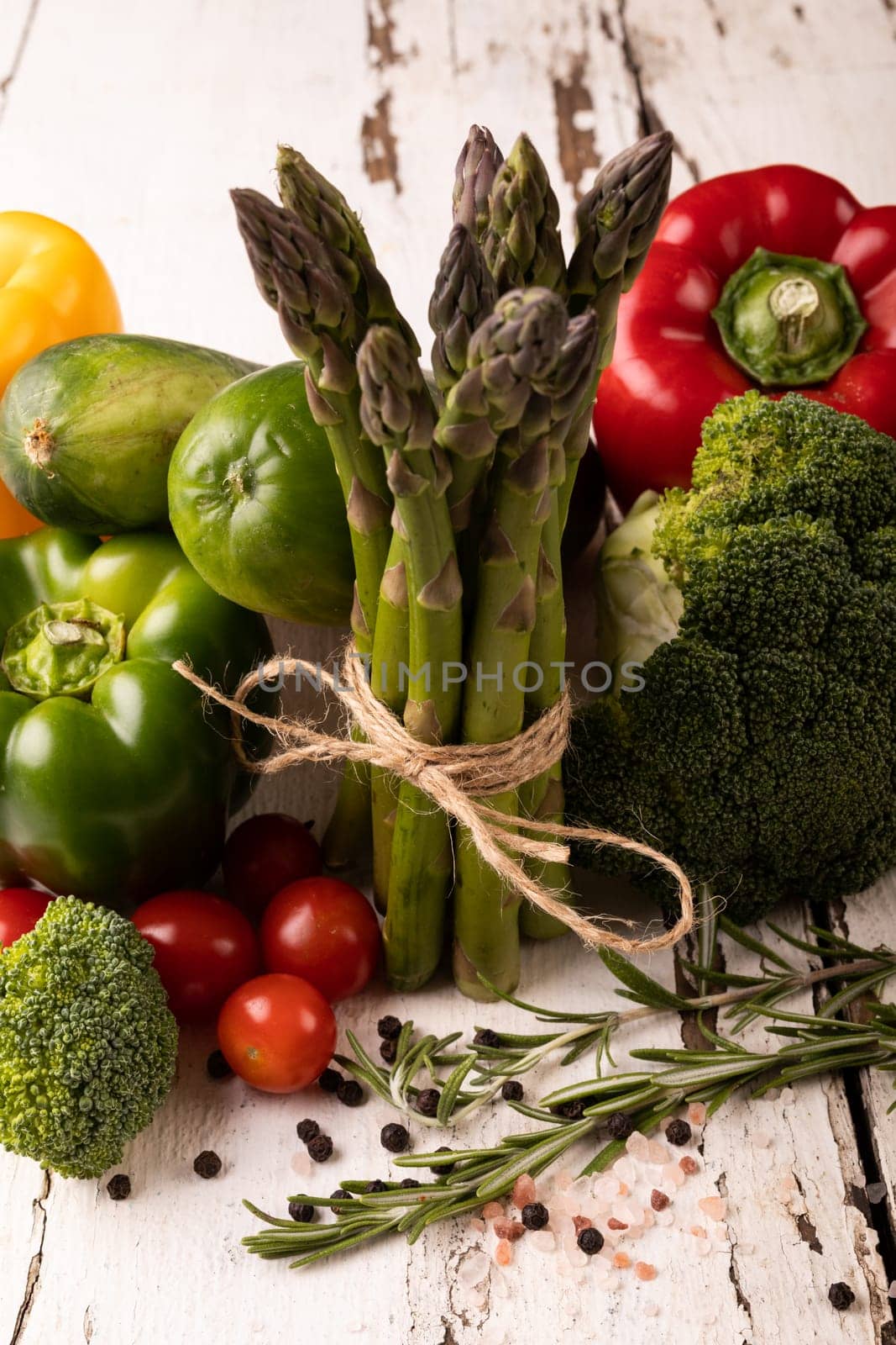 Close-up of various fresh vegetables on white wooden table. unaltered, food, healthy eating, organic concept.