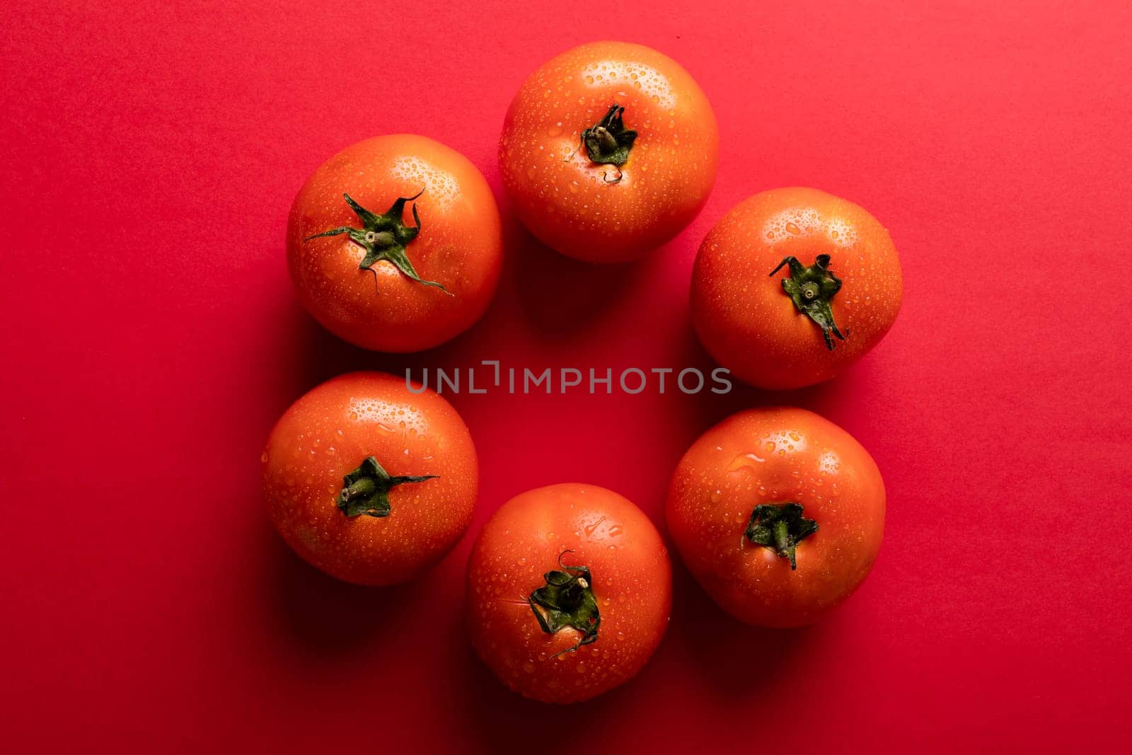Directly above view of fresh red tomatoes with water drops arranged on colored background by Wavebreakmedia