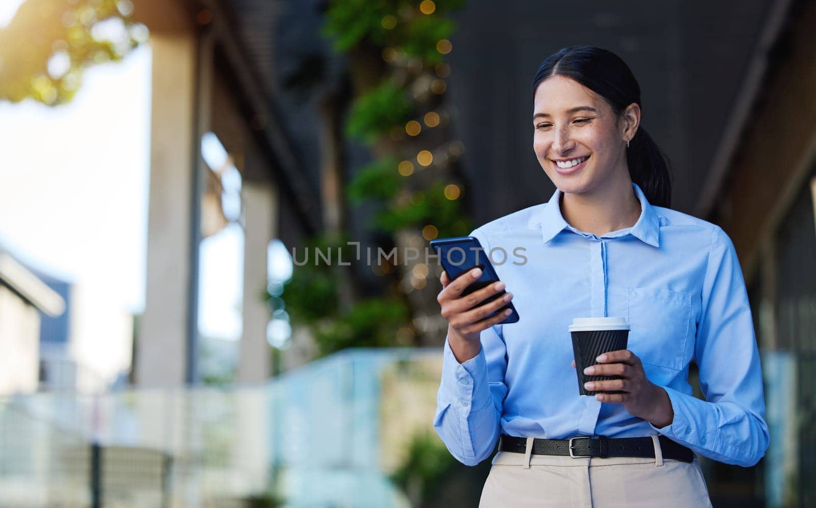 Phone, coffee and business woman in city for communication, social media or networking outdoor. Professional person on mobile, internet or reading email, Web 3.0 and news of job or career opportunity by YuriArcurs