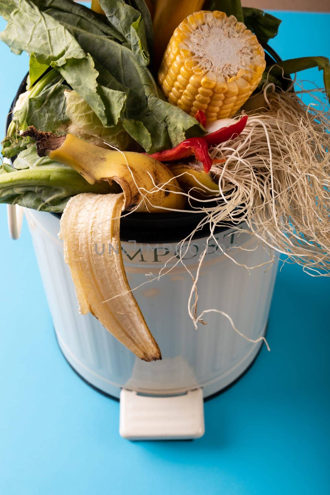 High angle view of organic waste in compost bin on blue background by Wavebreakmedia