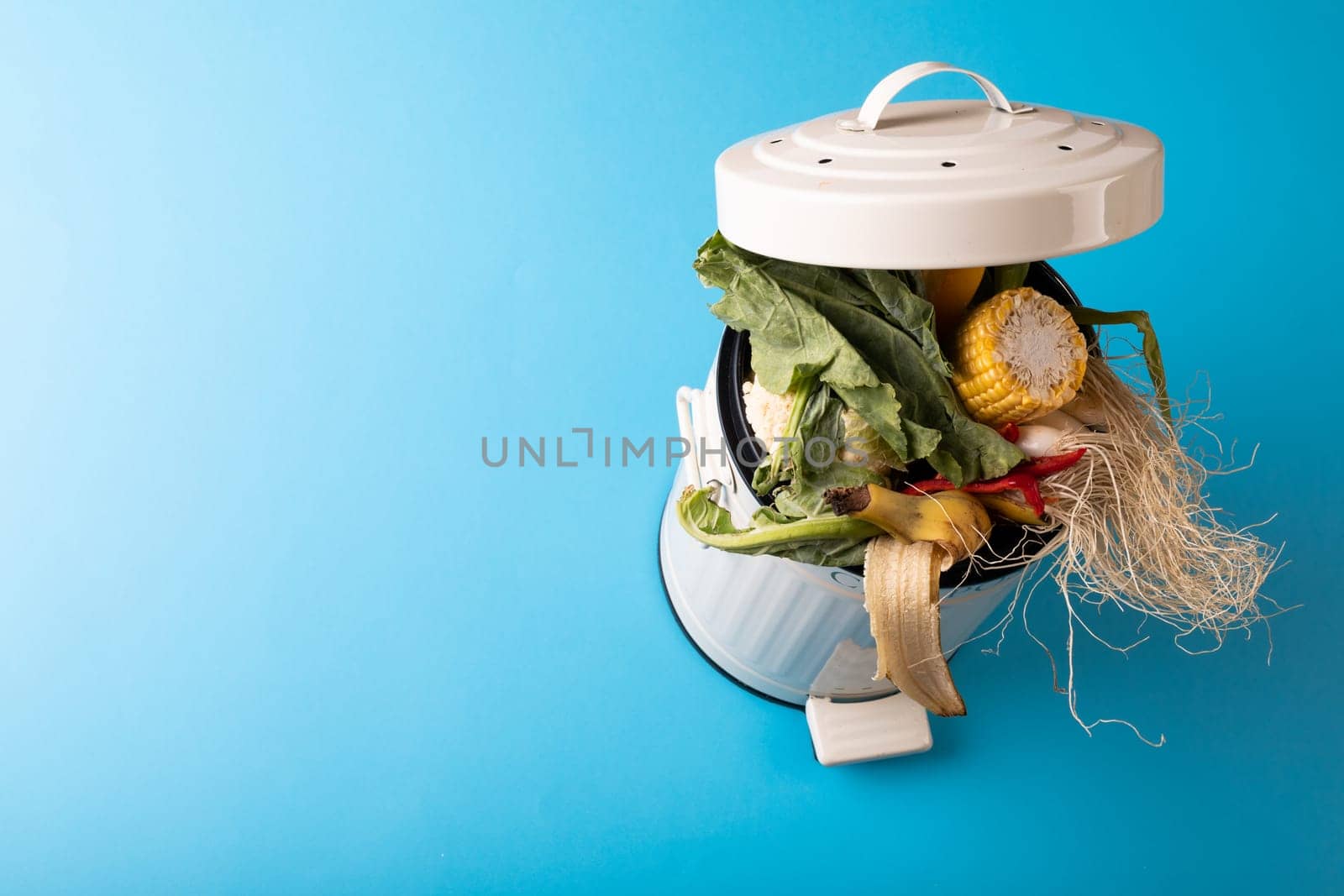 High angle view of organic waste in compost bin by copy space on blue background. unaltered, decomposing, recycling, responsibility and environmental conversation concept.