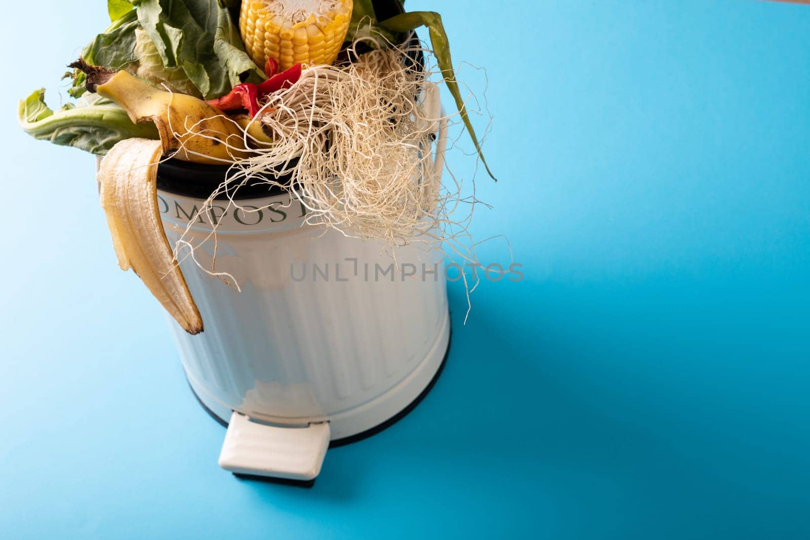 High angle view of organic waste in white compost bin by copy space on blue background by Wavebreakmedia