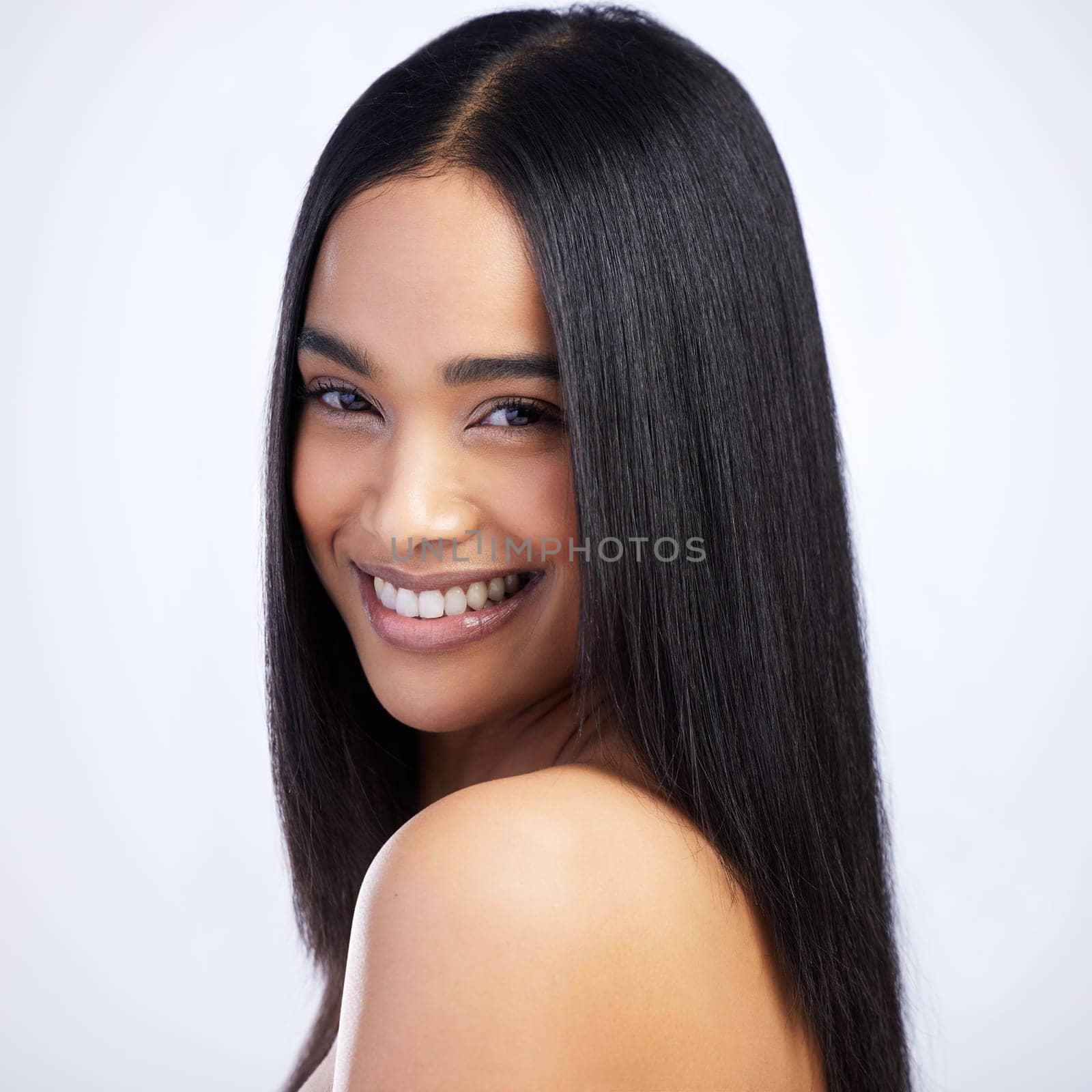 Beauty, face smile and straight hair of woman in studio isolated on a white background for skincare. Portrait, haircare and female model in natural makeup, cosmetics and salon treatment for hairstyle.
