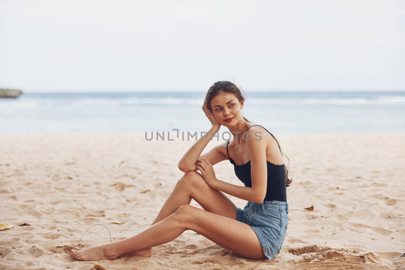 nature woman sitting freedom travel sea smile beach tropical vacation sand by SHOTPRIME