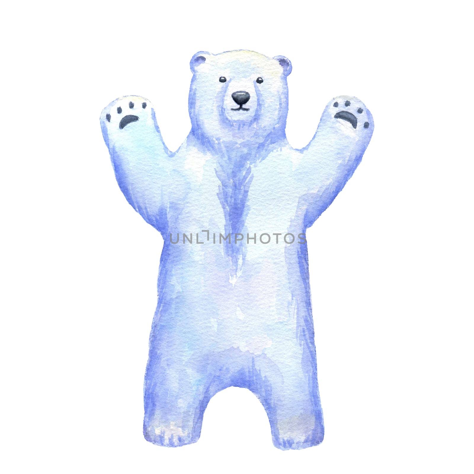 White polar bear stands on paws. Watercolor hand drawn illustration isolated on white. North animal.