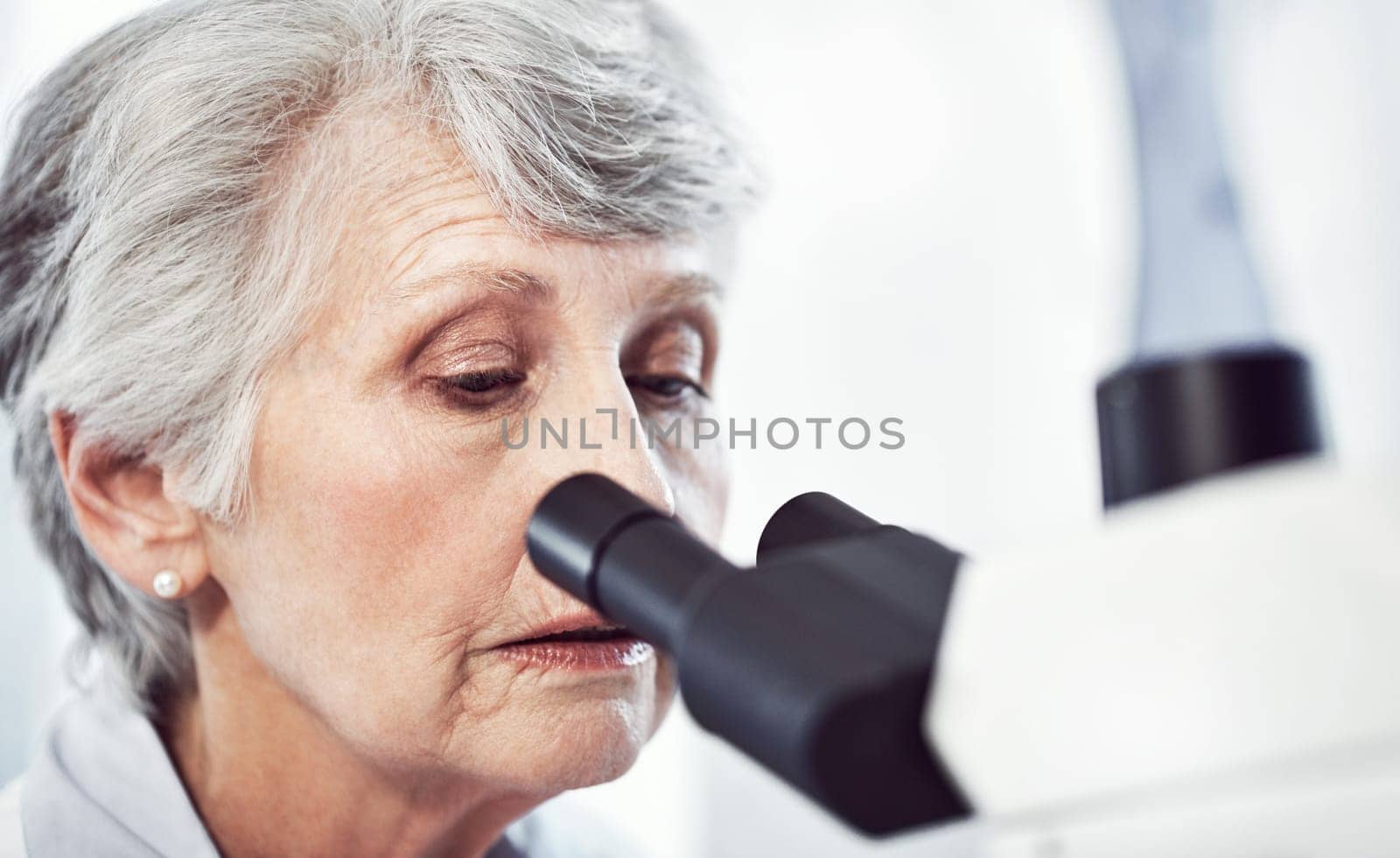 Staring into the experiment. a focused elderly female scientist looking through a microscope while being seated in a laboratory