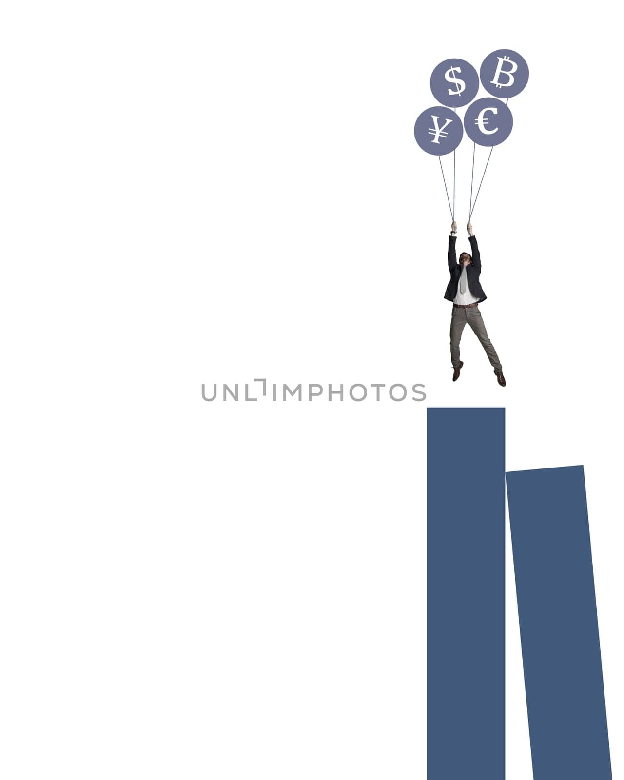 See you on the other side of the crisis. a businessman holding on to a bunch of cryptocurrency balloons on top of a graph against a white background. by YuriArcurs