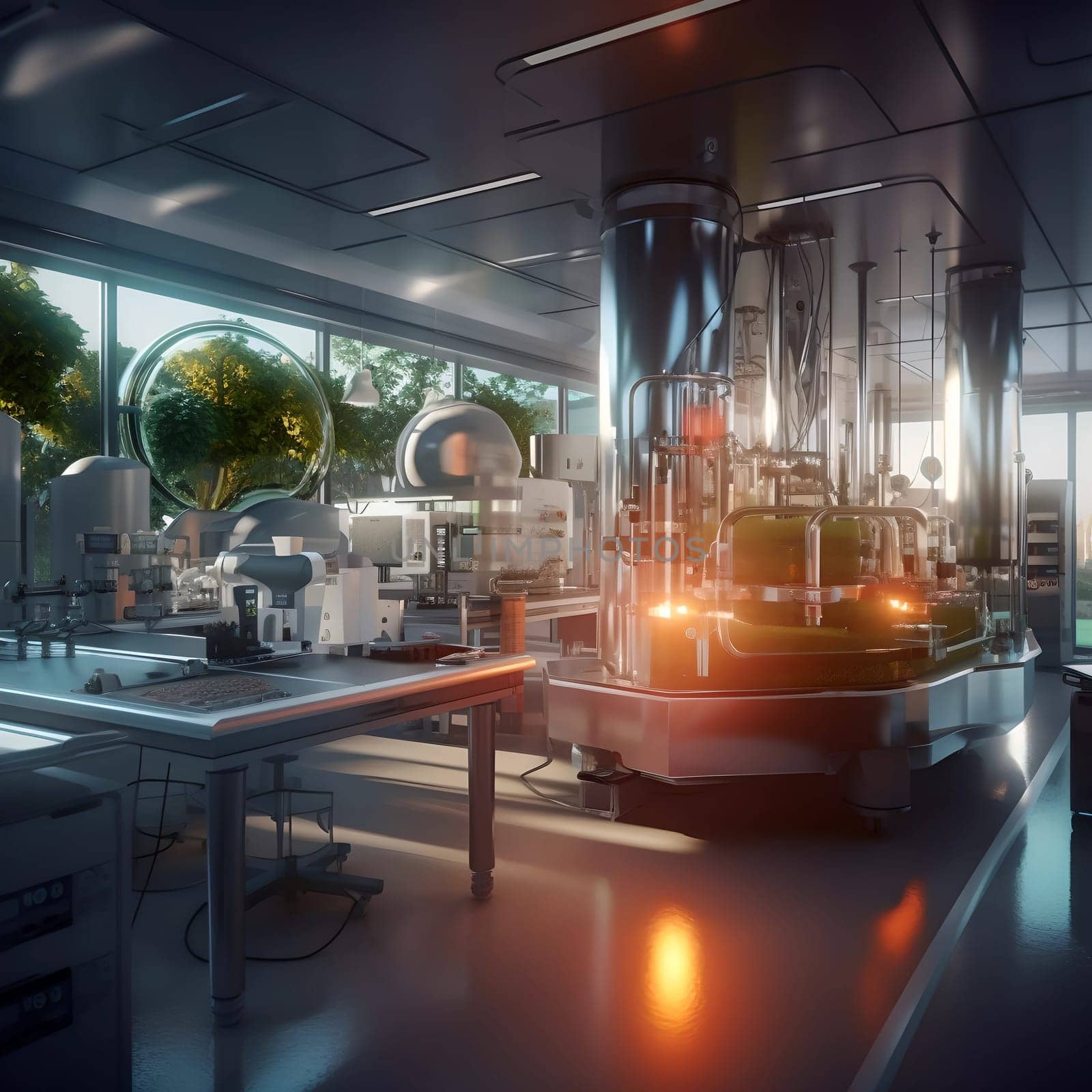 Laboratory of the future. A large room with glowing facilities