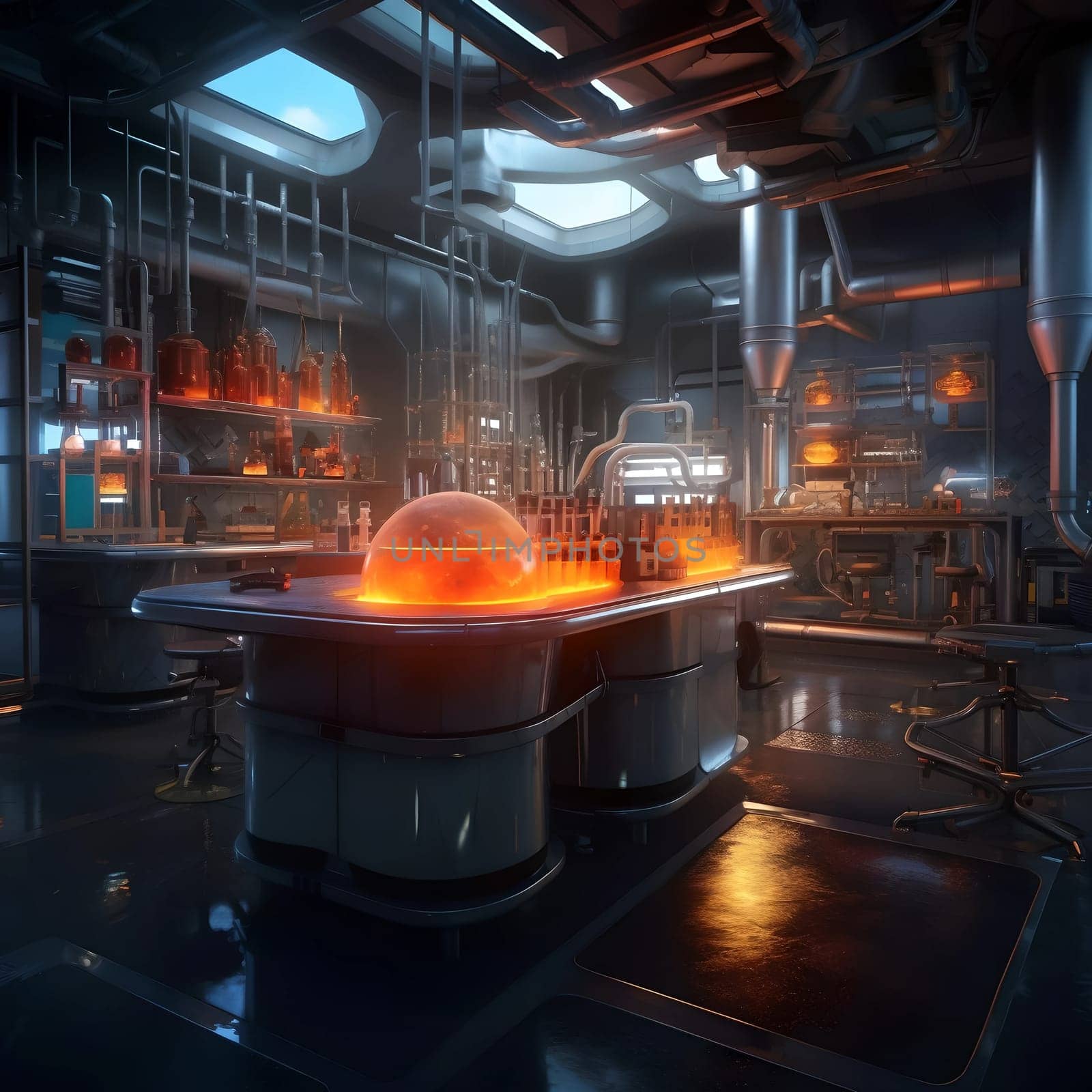 Laboratory of the future. A large room with glowing facilities