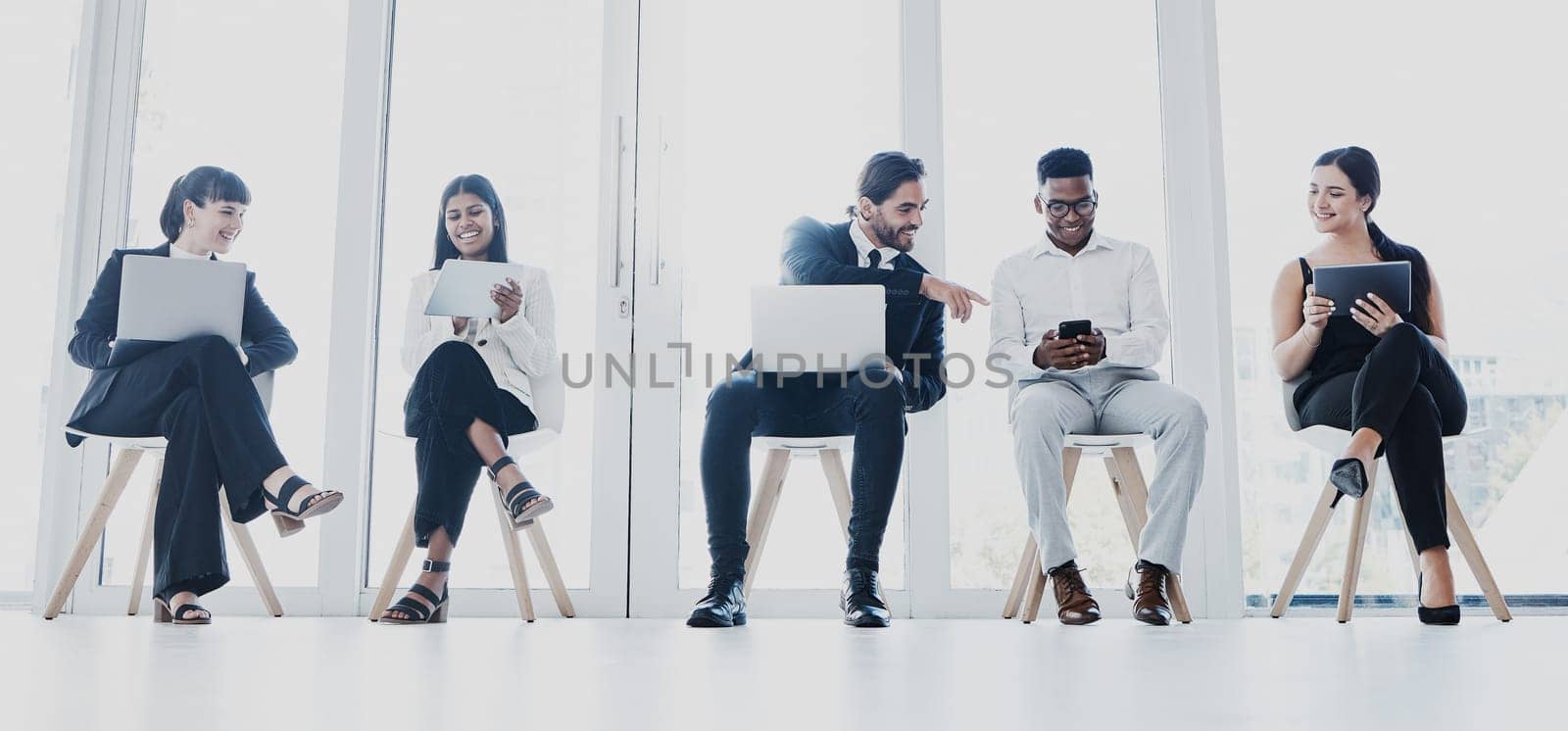 Diversity, teamwork and digital device to connect or communication or workplace and modern office. Conversation, collaboration and brainstorm for social media or marketing or business advertisement.