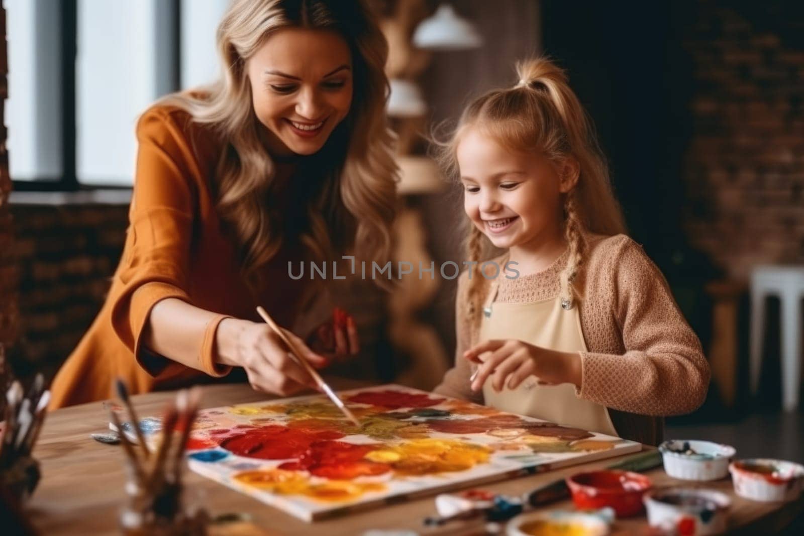 Back to school. Mother and daughter doing homework together sitting at the desk, painting. AI Generative