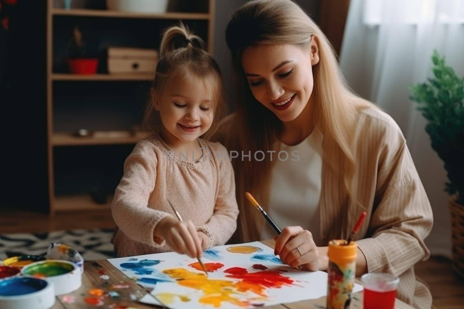 Mother and daughter painting together. AI Generative by Desperada