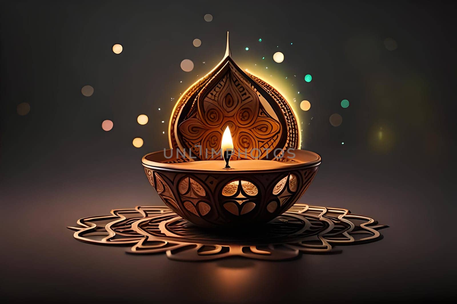 3D rendering indian lamp for diwali celebration on soft background ethereal. Colorful particle effects in the background. Gold filigree on a indian lamp. AI-generated Digital Art