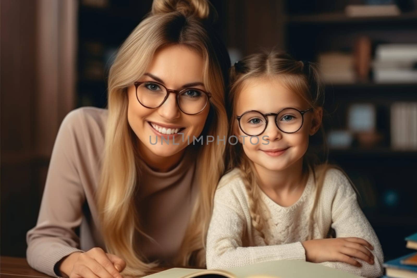 Mother and daughter doing homework together. AI Generative by Desperada