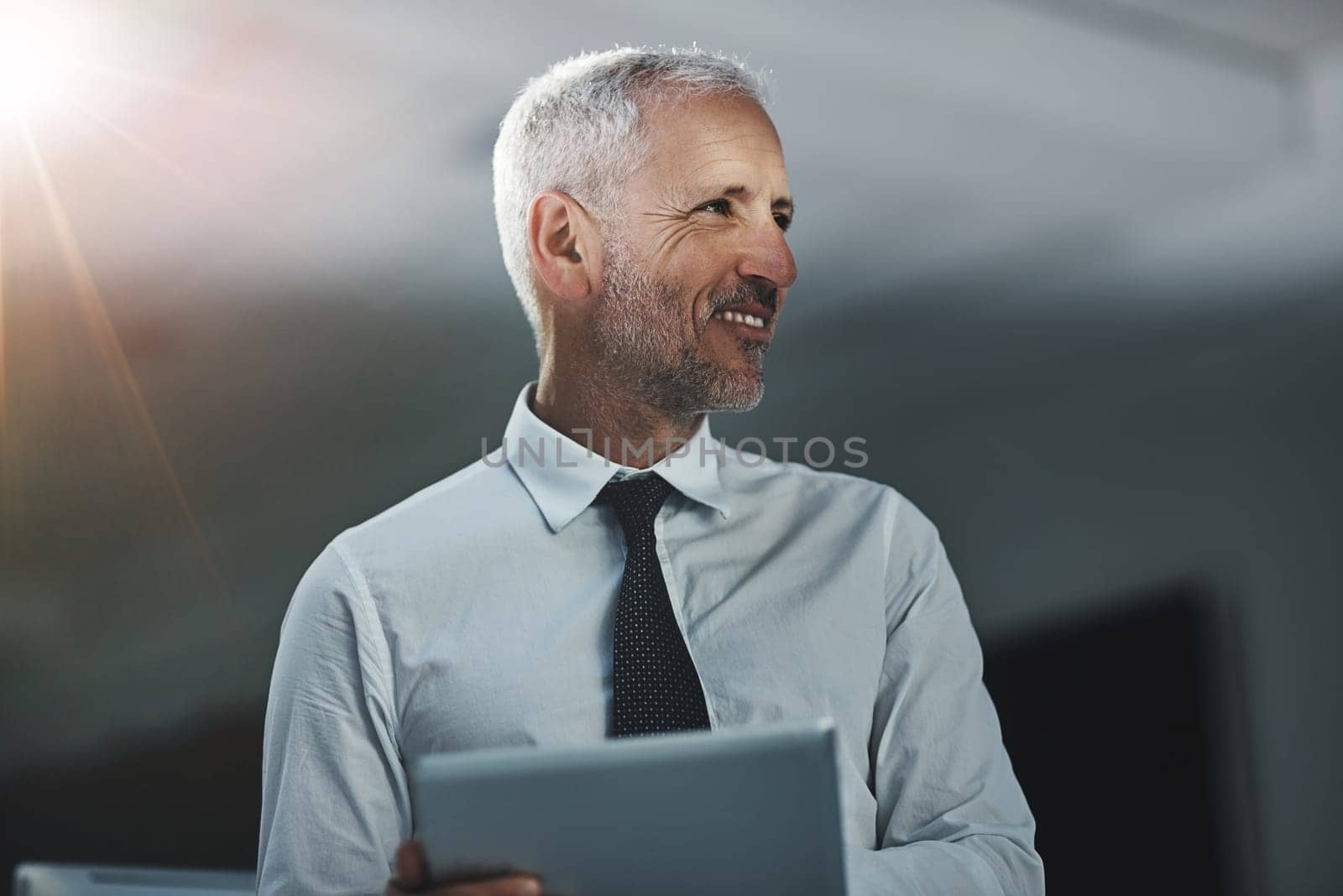 Success at his fingertips. a businessman standing in an office using a digital tablet