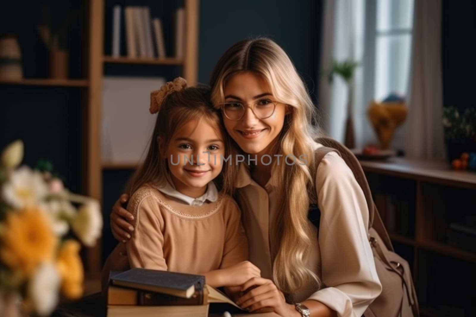 Mother and daughter doing homework together. AI Generative by Desperada