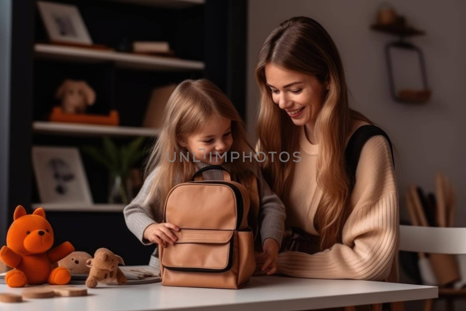 Back to school. Mother and daughter preparing bag for school. AI Generative