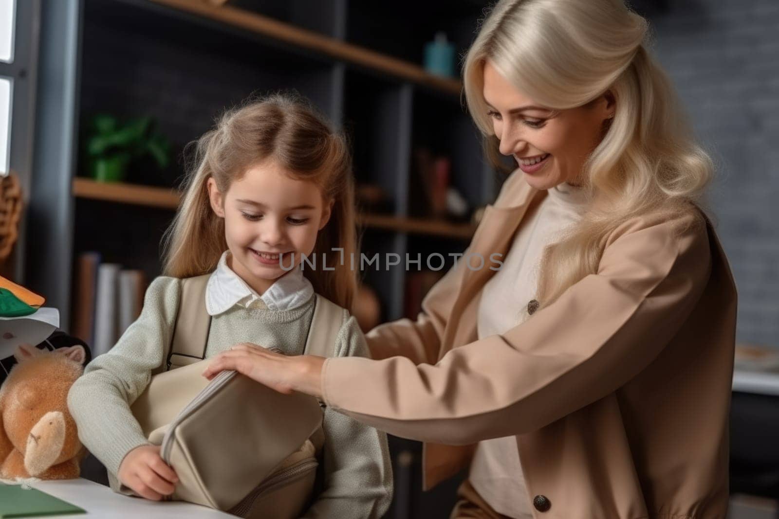 Back to school. Mother and daughter preparing bag for school. AI Generative