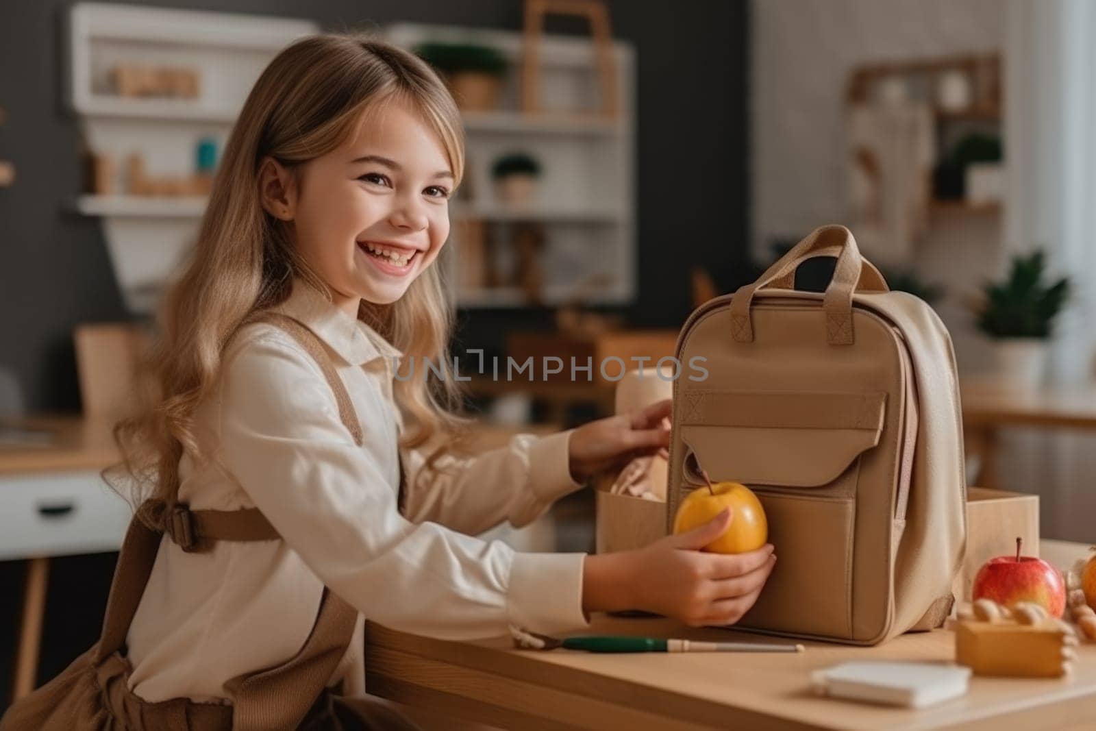 Back to school. Little preschool girl preparing bag. AI Generative