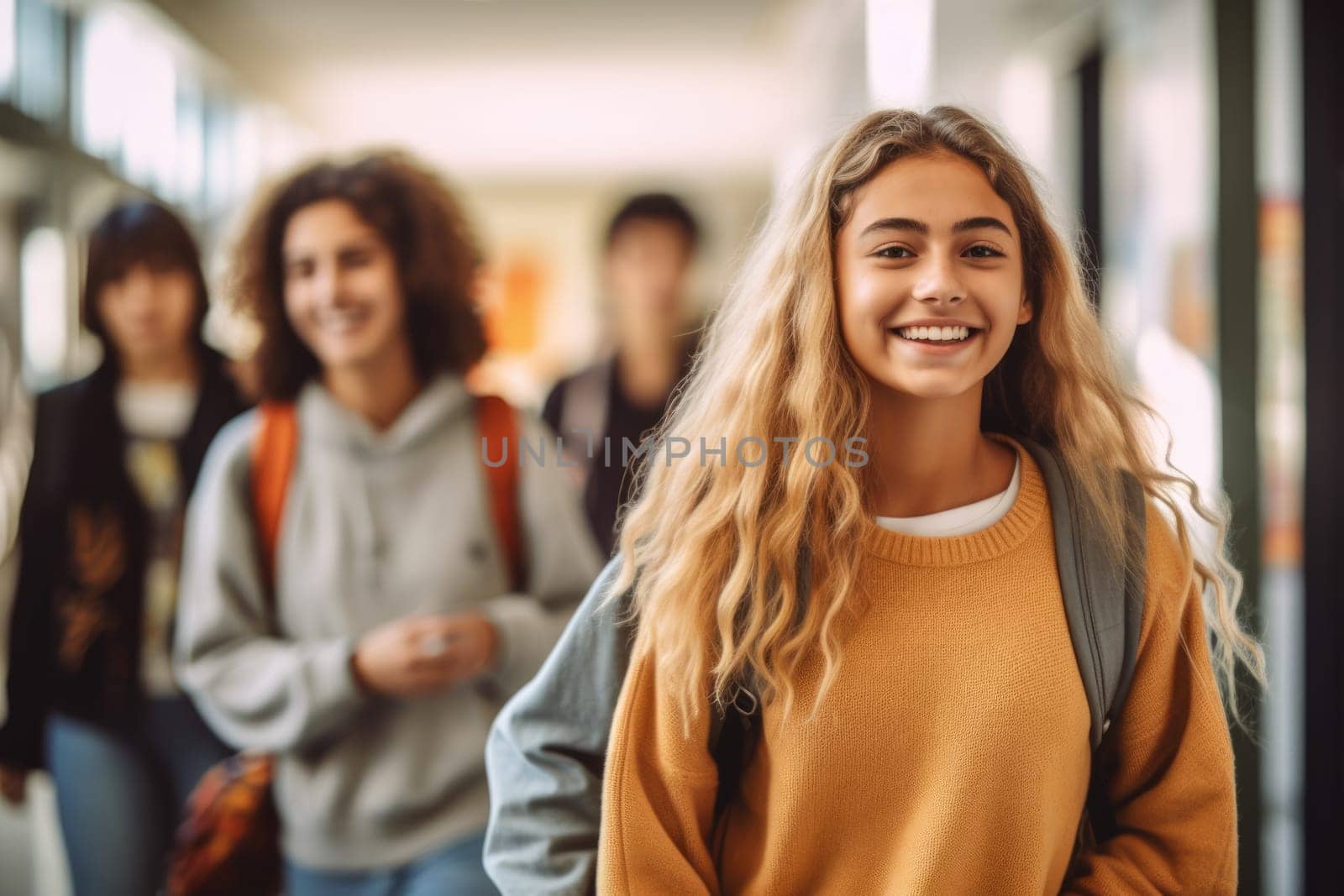 Happy teenager students walking to school together. AI Generative