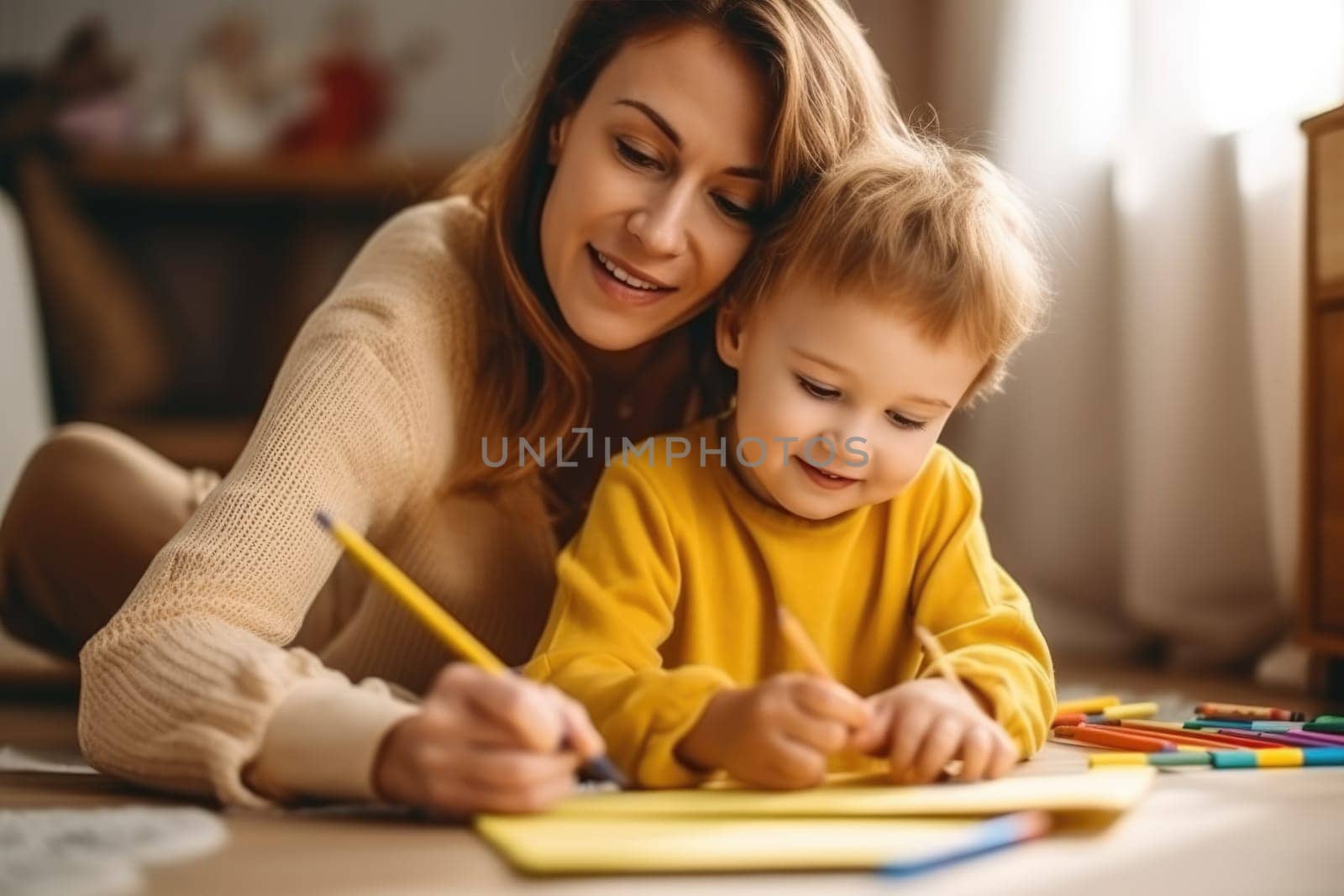 Back to school. Mother and son doing homework together sitting at the desk. AI Generative