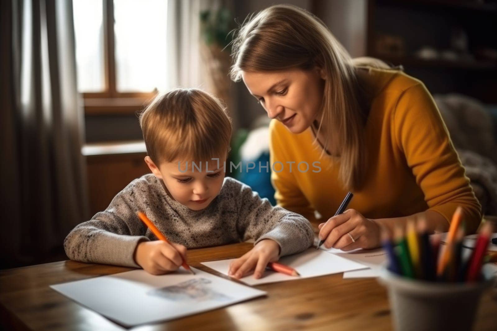 Back to school. Mother and son doing homework together sitting at the desk. AI Generative